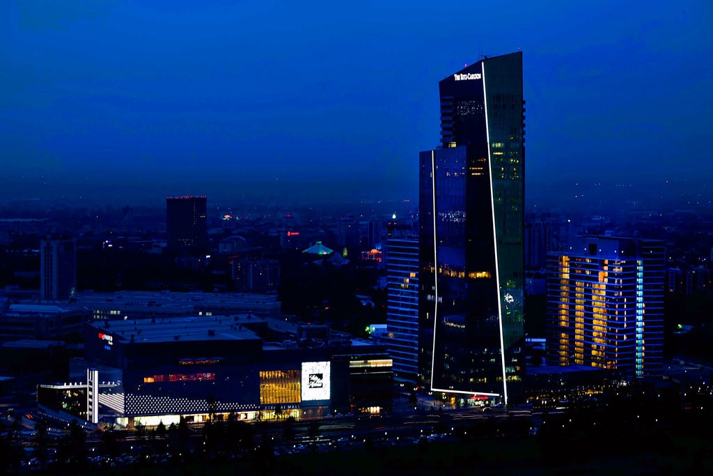 Esentai Park tower at night, Almaty